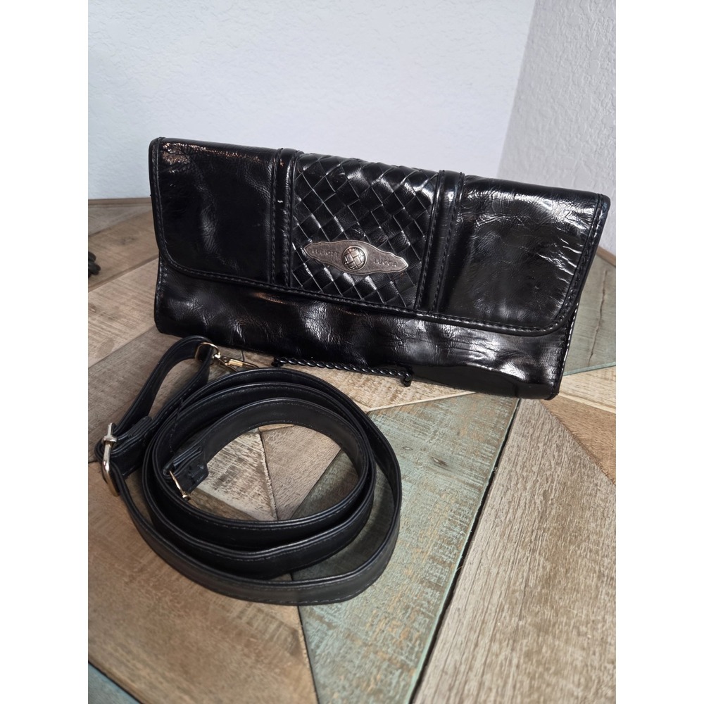 Elliott Lucca Black Patent Leather Foldover Clutch Handbag‎ Woven Vintage 10 x 5